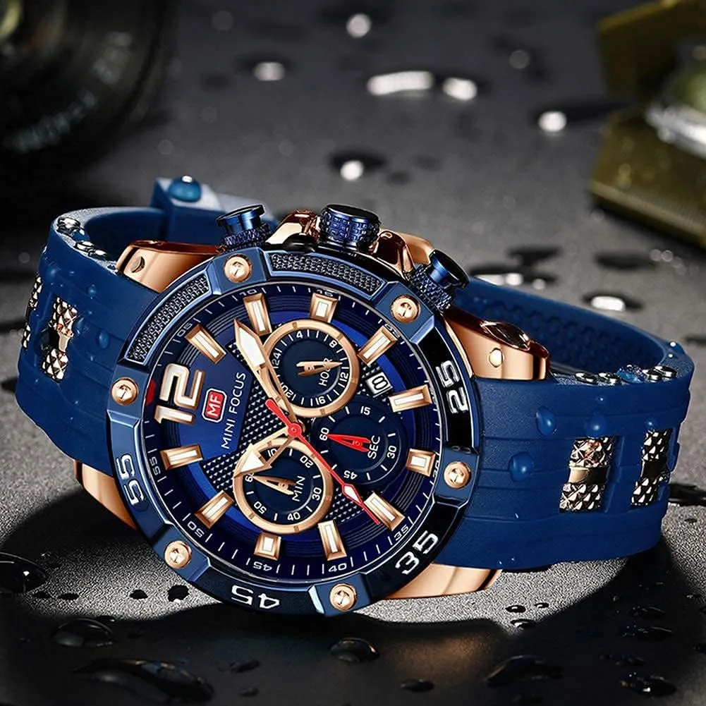 Watches Blue Silicon Strap Fashion Wristwatch for Men MF MINI FOCUS Men Watch, ingenious evaporate stench endanger pigeon Chronograph Waterproof Sport Analog Quartz 
