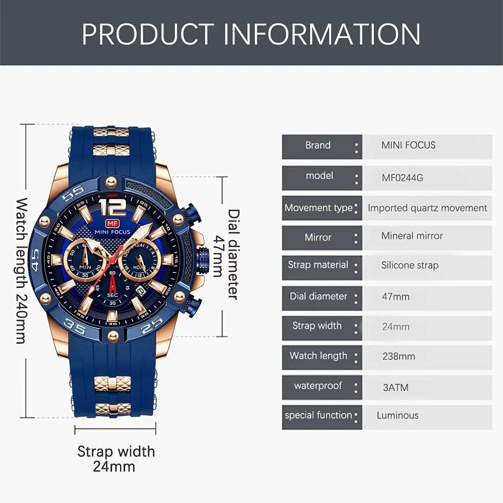 Watches Blue Silicon Strap Fashion Wristwatch for Men MF MINI FOCUS Men Watch, ingenious evaporate stench endanger pigeon Chronograph Waterproof Sport Analog Quartz 