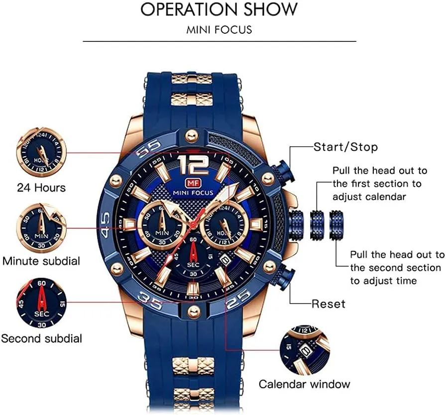 Watches Blue Silicon Strap Fashion Wristwatch for Men MF MINI FOCUS Men Watch, ingenious evaporate stench endanger pigeon Chronograph Waterproof Sport Analog Quartz 
