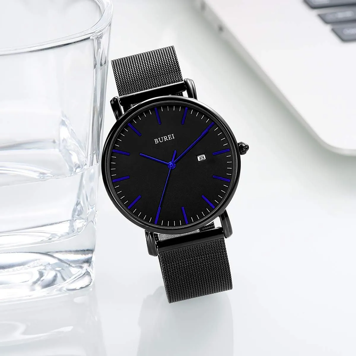 Watches Brown Leather Fashion Minimalist Wrist Watch Simple Ultra Thin Waterproof Quartz Watches All Black Stainless Steel Mesh Band,Gift for Men Women BUREI precision mutoscope Men 
