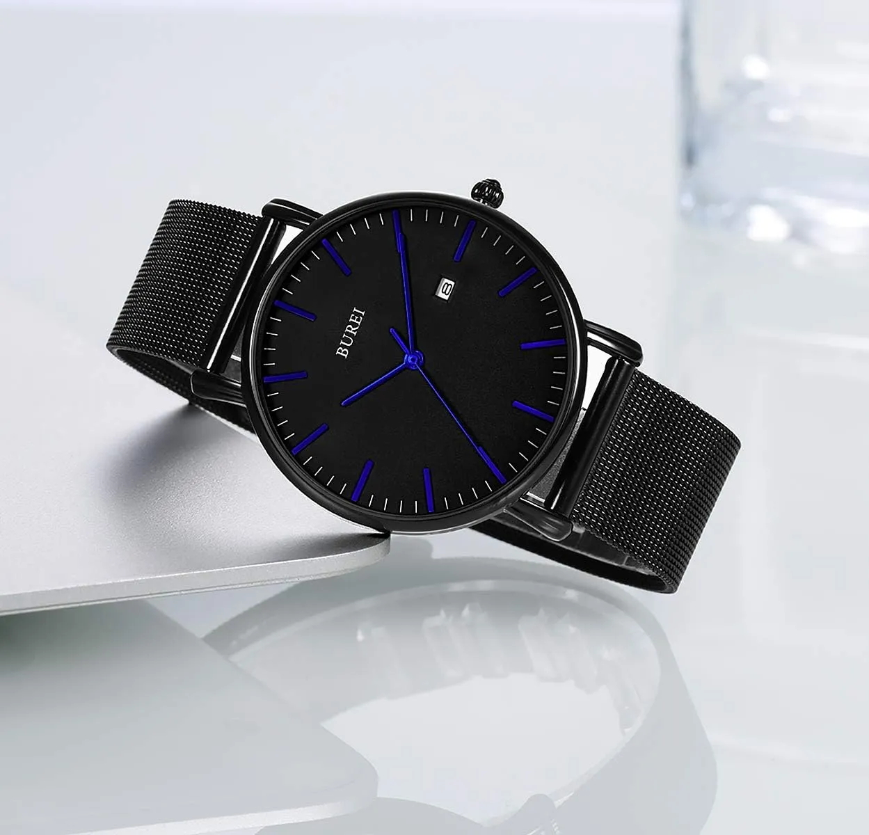 Watches Brown Leather Fashion Minimalist Wrist Watch Simple Ultra Thin Waterproof Quartz Watches All Black Stainless Steel Mesh Band,Gift for Men Women BUREI precision mutoscope Men 