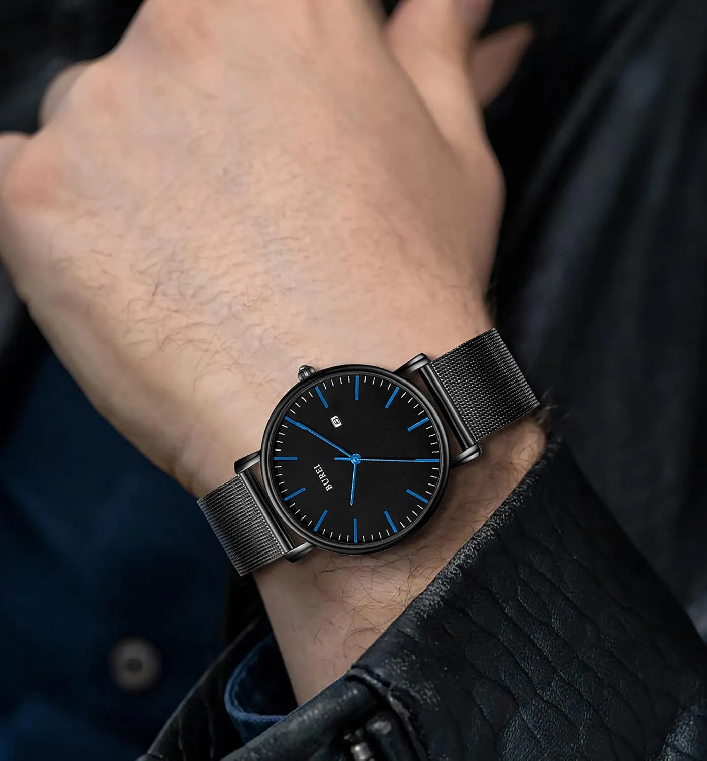 Watches Brown Leather Fashion Minimalist Wrist Watch Simple Ultra Thin Waterproof Quartz Watches All Black Stainless Steel Mesh Band,Gift for Men Women BUREI precision mutoscope Men 