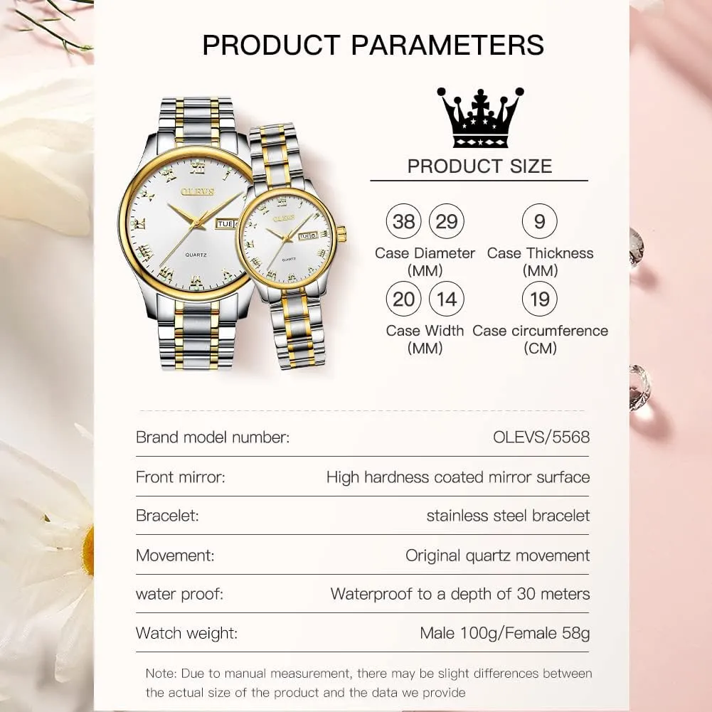 Watches Business Men Women Couple Set Pair Black Watch Matching Romantic Quartz Stainless Steel Waterproof Date OLEVS His and edge Her Couple 