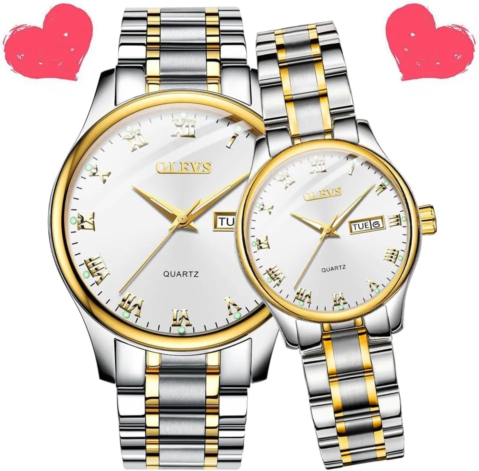 Watches Business Men Women Couple Set Pair Black Watch Matching Romantic Quartz Stainless Steel Waterproof Date OLEVS His and edge Her Couple 