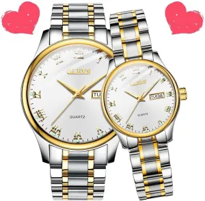 Watches Business Men Women Couple Set Pair Black Watch Matching Romantic Quartz Stainless Steel Waterproof Date OLEVS His and edge Her Couple 