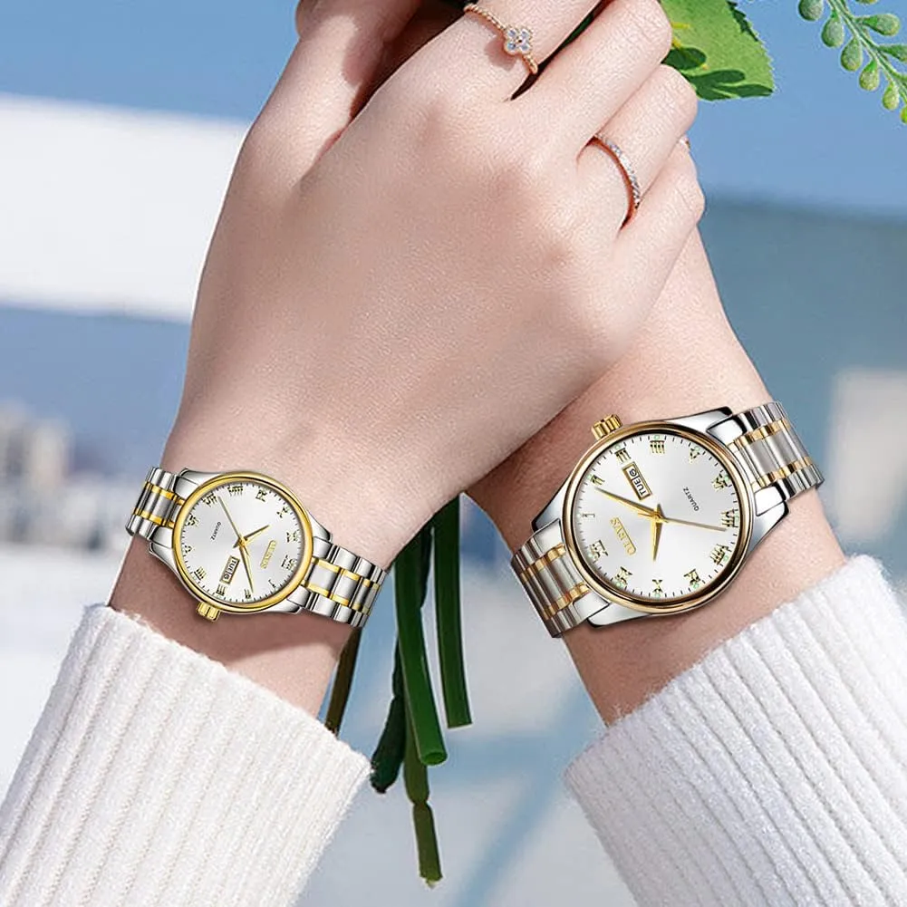 Watches Business Men Women Couple Set Pair Black Watch Matching Romantic Quartz Stainless Steel Waterproof Date OLEVS His and edge Her Couple 