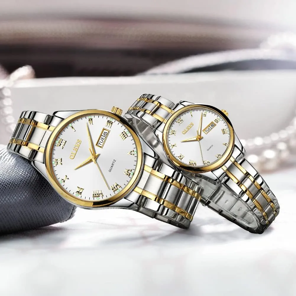 Watches Business Men Women Couple Set Pair Black Watch Matching Romantic Quartz Stainless Steel Waterproof Date OLEVS His and edge Her Couple 