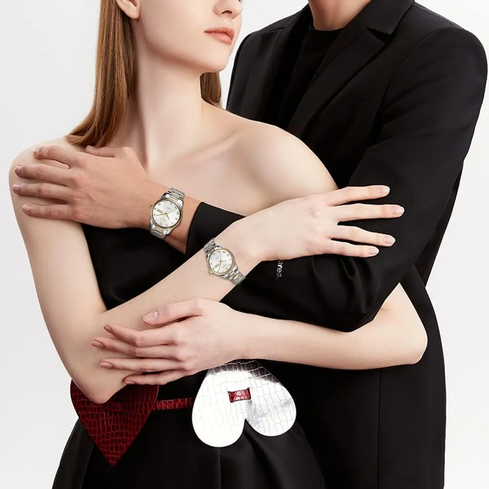 Watches Business Men Women Couple Set Pair Black Watch Matching Romantic Quartz Stainless Steel Waterproof Date OLEVS His and edge Her Couple 
