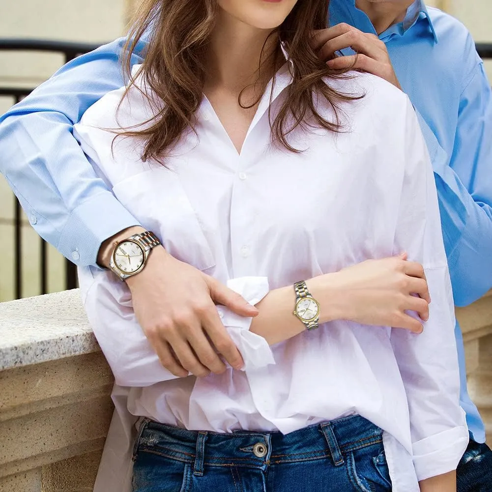 Watches Business Men Women Couple Set Pair Black Watch Matching Romantic Quartz Stainless Steel Waterproof Date OLEVS His and edge Her Couple 