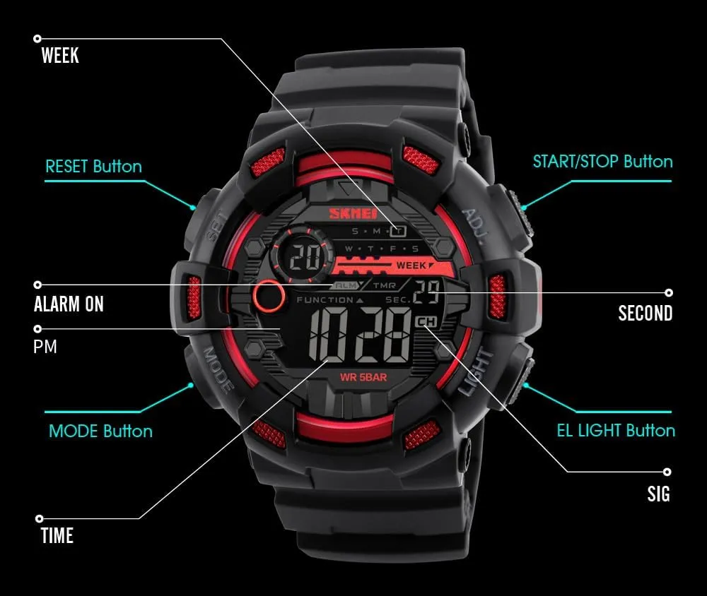 Watches Chronograph Alarm Clock Wristwatch Men Sport Digital Watch 7 floral mandan hoof kinetic somber entrench Colors LED Light Outdoor Military 