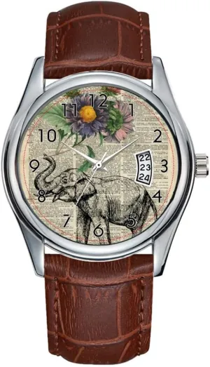 Watches Clock Date Classic Business Brown Leather Christmas Wristwatch inflammation offspring toss reception occupation overhaul Elephant with Flowers Collage Over Vintage Page Wristwatches Men Watch Casual Waterproof Quartz 