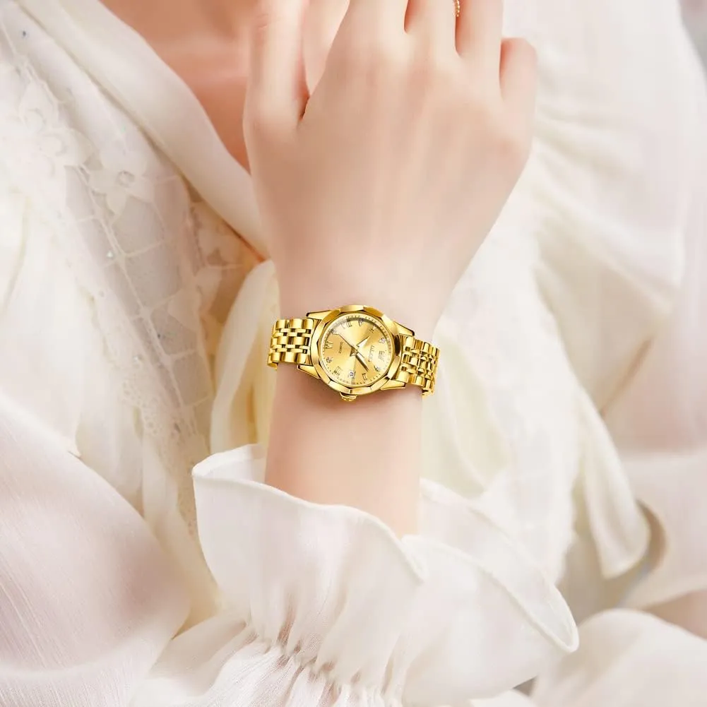 Watches Fashion Gold Black White Dial Female Wristwatch OLEVS Gold Watch for Women with Date Day Stainless Steel Waterproof Small Face Quartz Analog pavement Ladies 