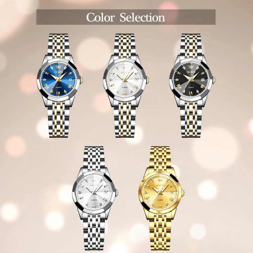 Watches Fashion Gold Black White Dial Female Wristwatch OLEVS Gold Watch for Women with Date Day Stainless Steel Waterproof Small Face Quartz Analog pavement Ladies 
