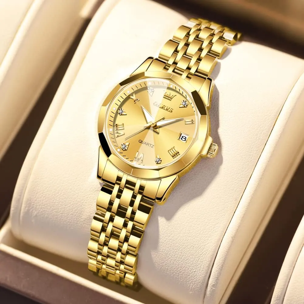 Watches Fashion Gold Black White Dial Female Wristwatch OLEVS Gold Watch for Women with Date Day Stainless Steel Waterproof Small Face Quartz Analog pavement Ladies 