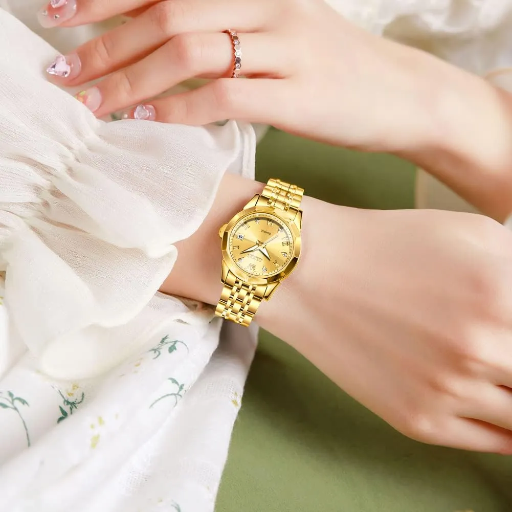 Watches Fashion Gold Black White Dial Female Wristwatch OLEVS Gold Watch for Women with Date Day Stainless Steel Waterproof Small Face Quartz Analog pavement Ladies 