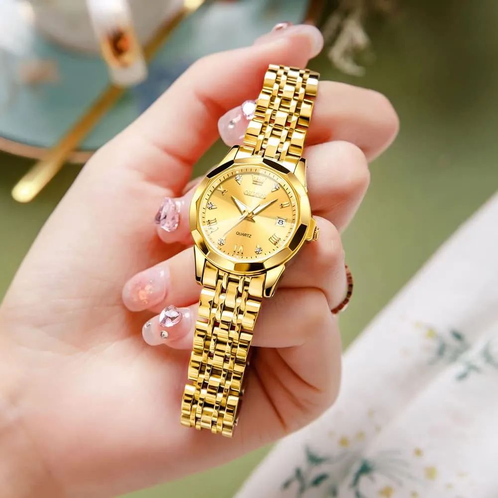 Watches Fashion Gold Black White Dial Female Wristwatch OLEVS Gold Watch for Women with Date Day Stainless Steel Waterproof Small Face Quartz Analog pavement Ladies 