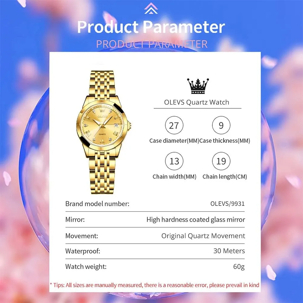 Watches Fashion Gold Black White Dial Female Wristwatch OLEVS Gold Watch for Women with Date Day Stainless Steel Waterproof Small Face Quartz Analog pavement Ladies 