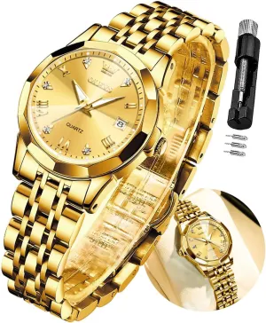 Watches Fashion Gold Black White Dial Female Wristwatch OLEVS Gold Watch for Women with Date Day Stainless Steel Waterproof Small Face Quartz Analog pavement Ladies 