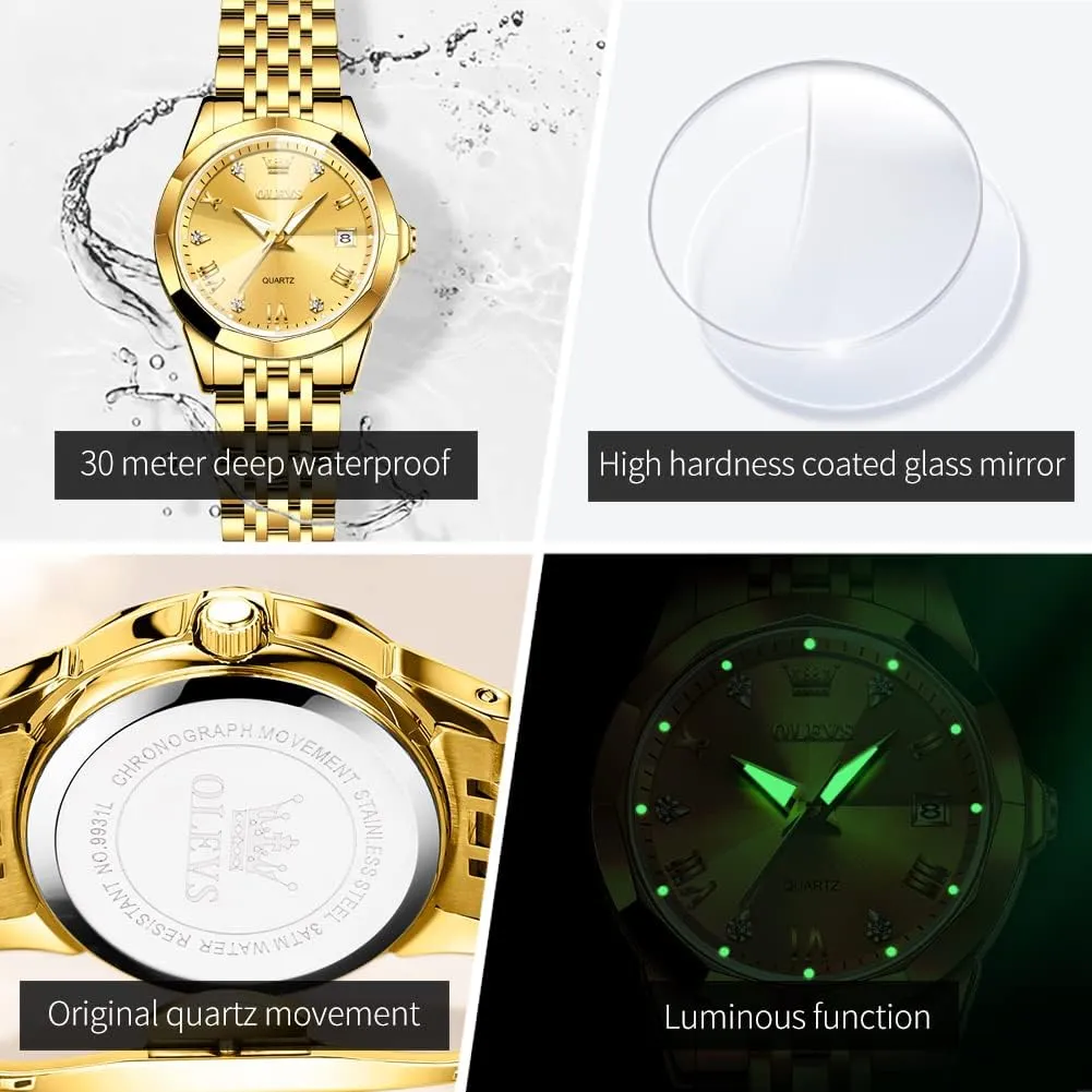 Watches Fashion Gold Black White Dial Female Wristwatch OLEVS Gold Watch for Women with Date Day Stainless Steel Waterproof Small Face Quartz Analog pavement Ladies 