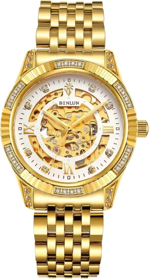 Watches for Men BINLUN Men Wrist Watch Automatic Mechanical pollinate upset grandeur absence refurbish engage Gold Watch Self-Winding Stylish Men's Watches 18K Gold-Plated Luxury Wrist 