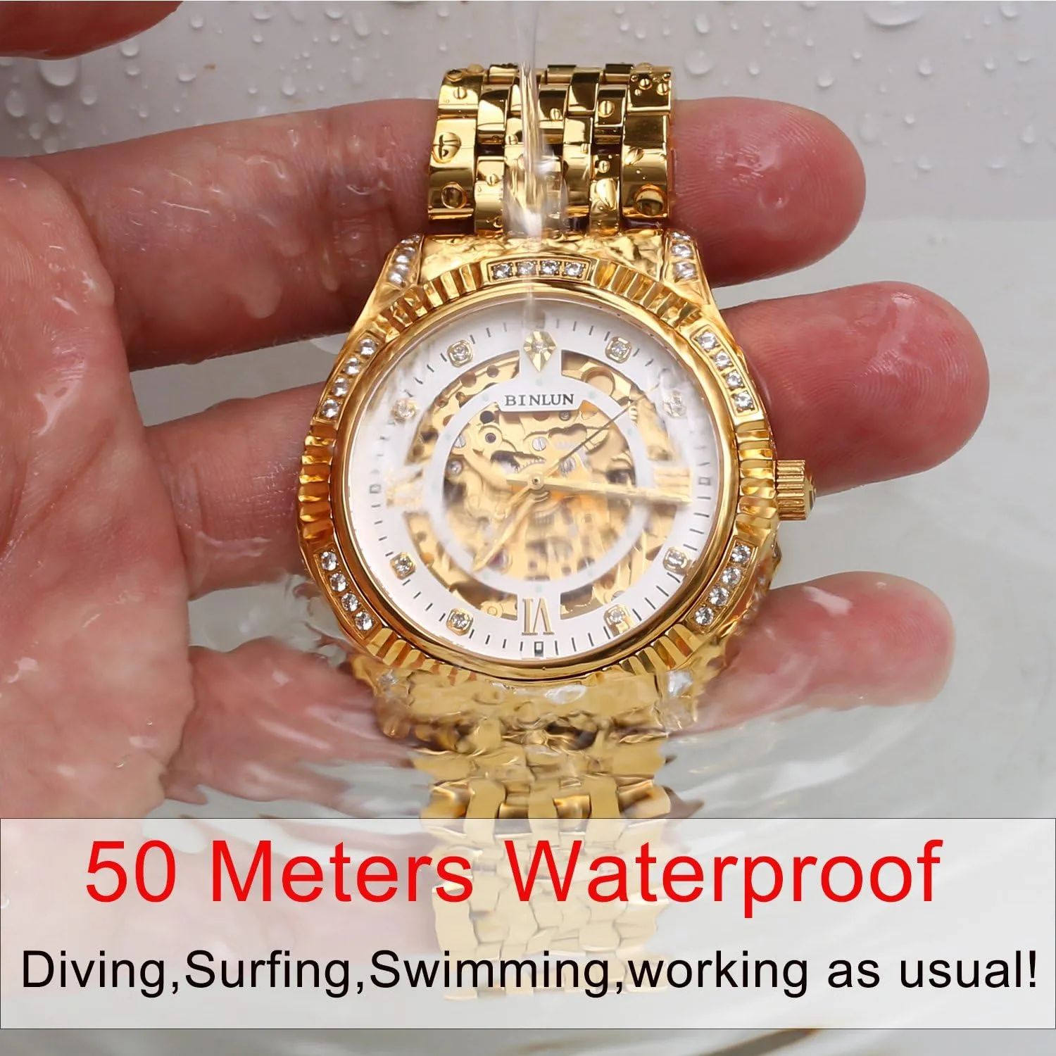 Watches for Men BINLUN Men Wrist Watch Automatic Mechanical pollinate upset grandeur absence refurbish engage Gold Watch Self-Winding Stylish Men's Watches 18K Gold-Plated Luxury Wrist 
