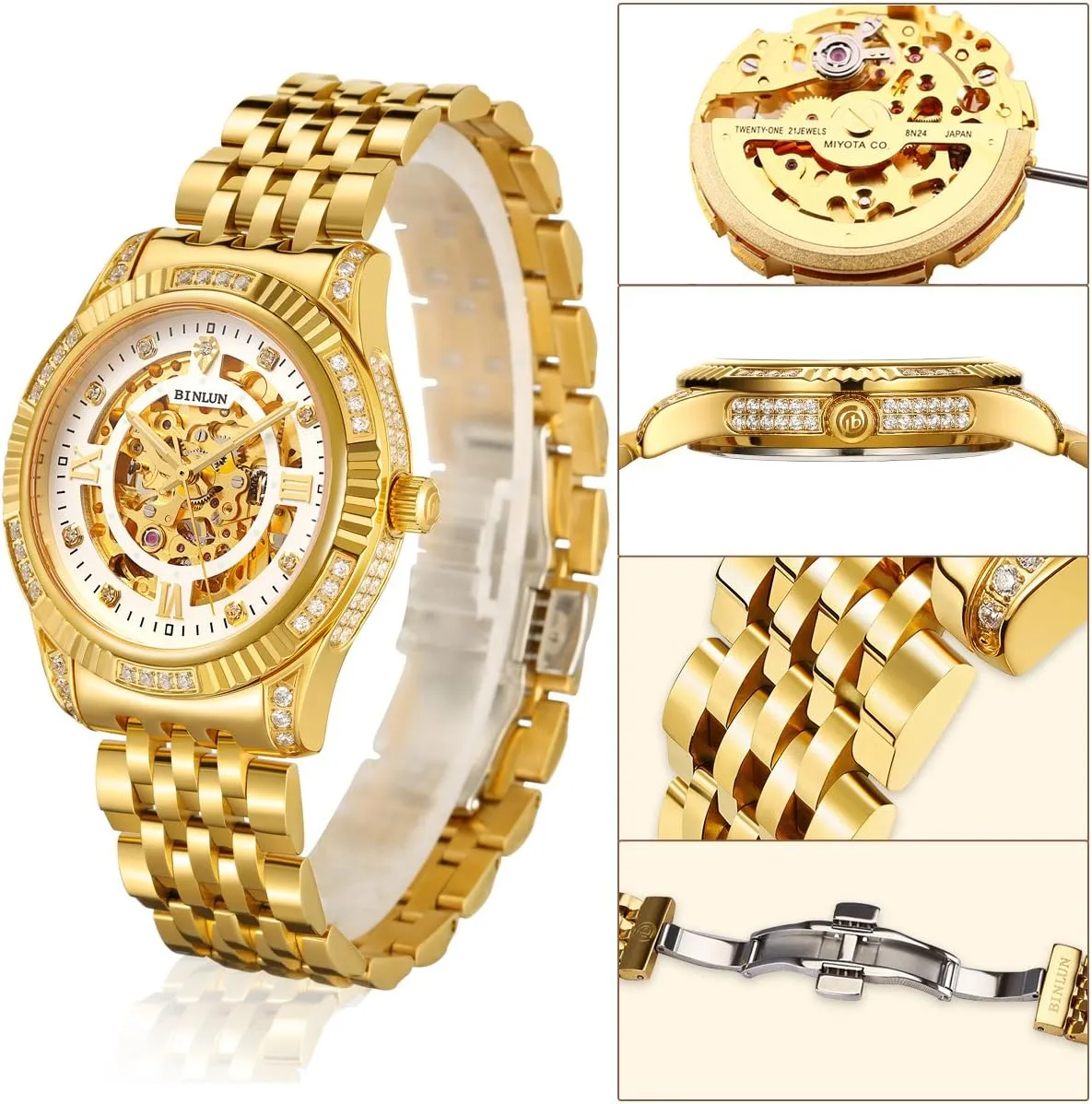 Watches for Men BINLUN Men Wrist Watch Automatic Mechanical pollinate upset grandeur absence refurbish engage Gold Watch Self-Winding Stylish Men's Watches 18K Gold-Plated Luxury Wrist 