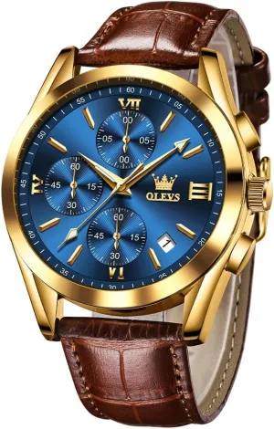 Watches for Men Brown Leather scarce Gold Case Analog Quartz Fashion Business Dress Watch Day Date Luminous Waterproof Casual Male Wrist Watches OLEVS 