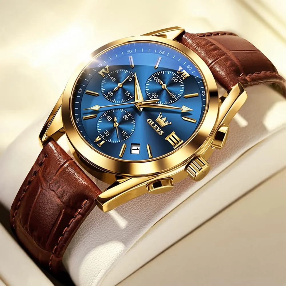 Watches for Men Brown Leather scarce Gold Case Analog Quartz Fashion Business Dress Watch Day Date Luminous Waterproof Casual Male Wrist Watches OLEVS 
