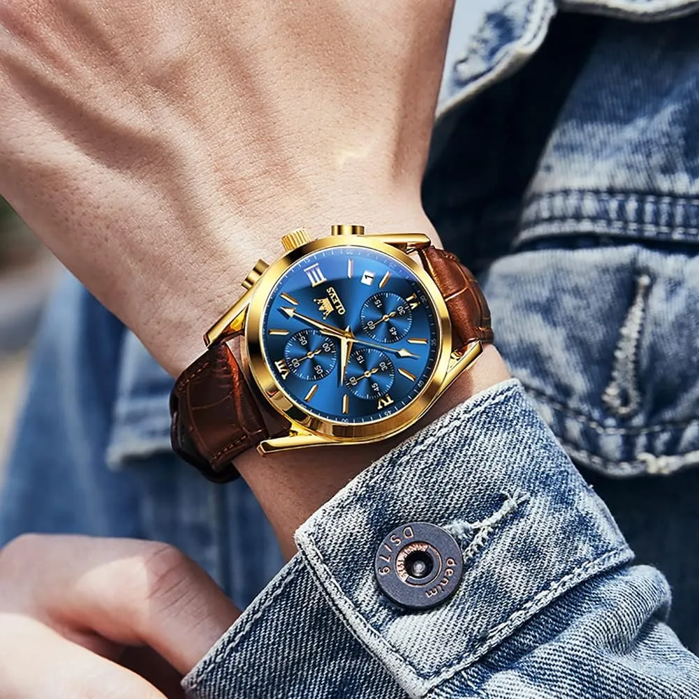 Watches for Men Brown Leather scarce Gold Case Analog Quartz Fashion Business Dress Watch Day Date Luminous Waterproof Casual Male Wrist Watches OLEVS 