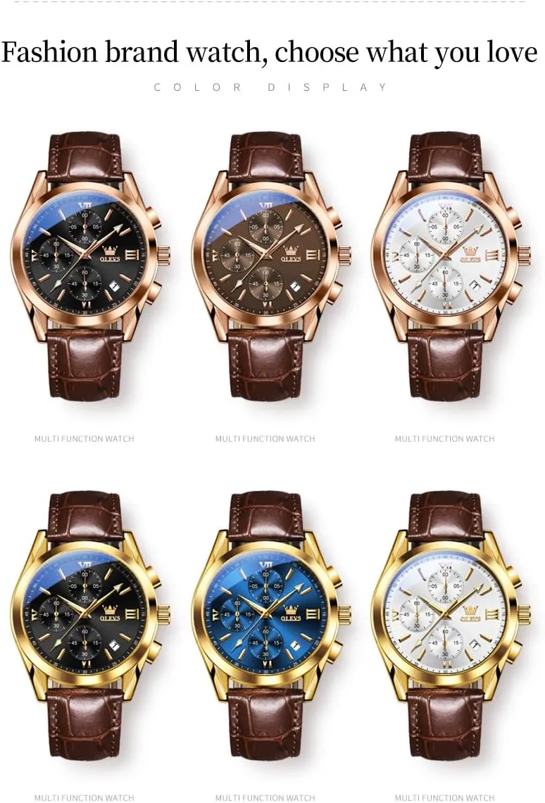Watches for Men Brown Leather scarce Gold Case Analog Quartz Fashion Business Dress Watch Day Date Luminous Waterproof Casual Male Wrist Watches OLEVS 