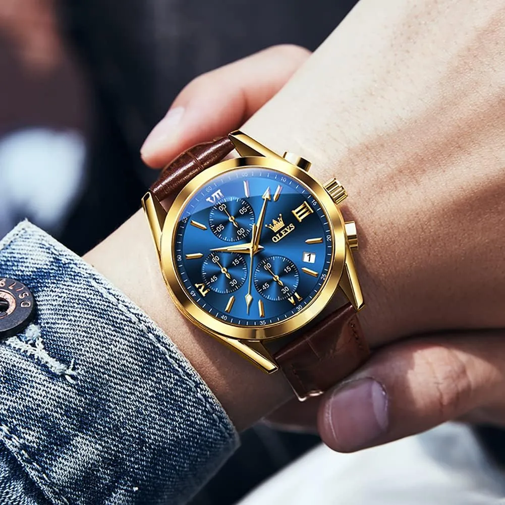 Watches for Men Brown Leather scarce Gold Case Analog Quartz Fashion Business Dress Watch Day Date Luminous Waterproof Casual Male Wrist Watches OLEVS 