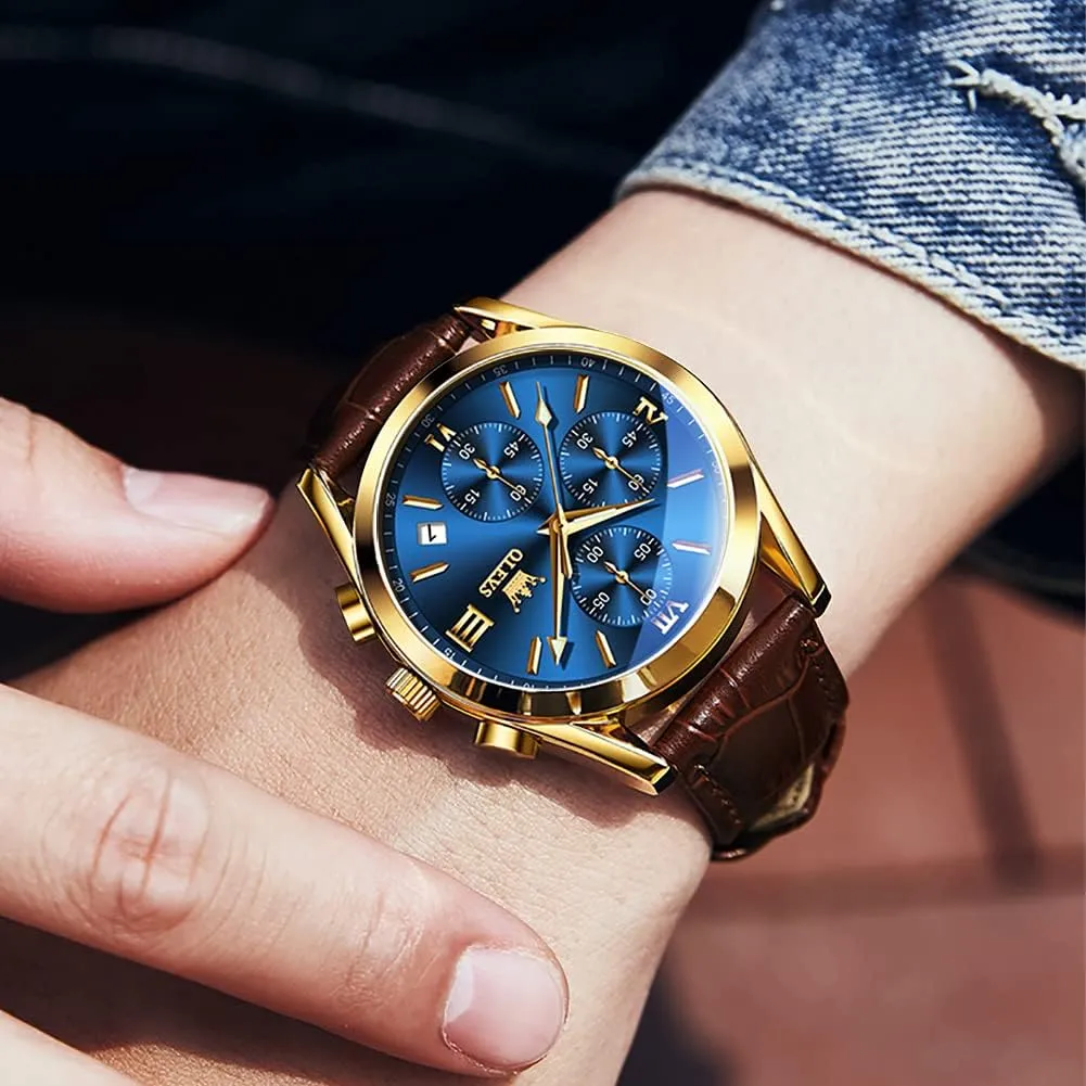 Watches for Men Brown Leather scarce Gold Case Analog Quartz Fashion Business Dress Watch Day Date Luminous Waterproof Casual Male Wrist Watches OLEVS 