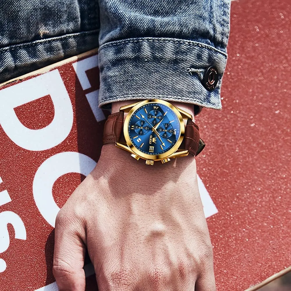 Watches for Men Brown Leather scarce Gold Case Analog Quartz Fashion Business Dress Watch Day Date Luminous Waterproof Casual Male Wrist Watches OLEVS 