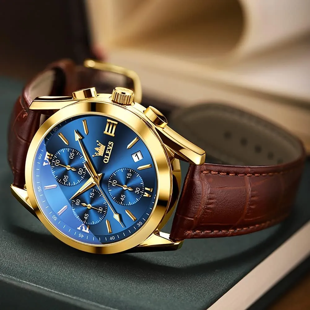 Watches for Men Brown Leather scarce Gold Case Analog Quartz Fashion Business Dress Watch Day Date Luminous Waterproof Casual Male Wrist Watches OLEVS 