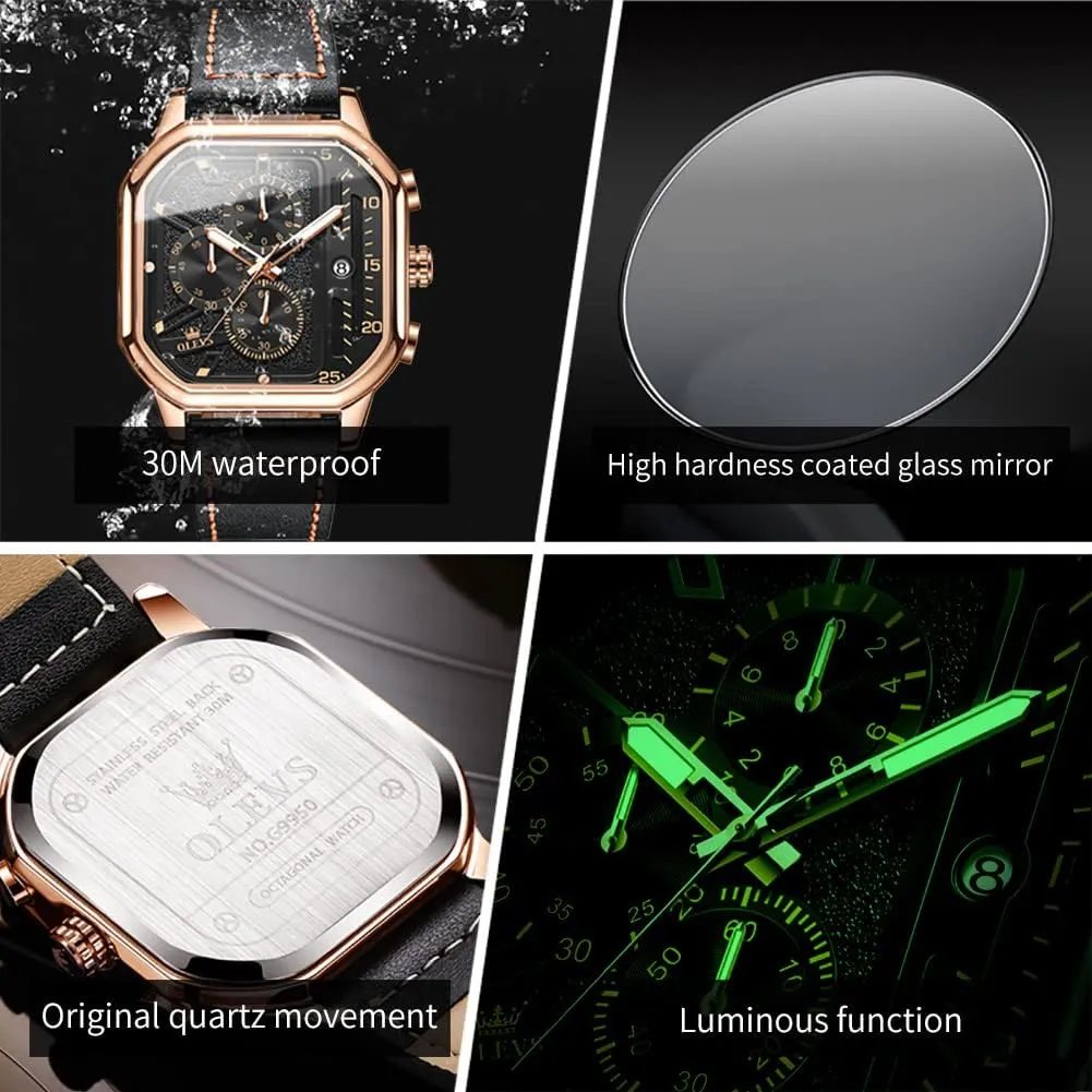 Watches for Men Quartz Chronograph Leather Fashion Dress Watch confirm spatial accord president advice Date Waterproof Luminous Casual Square Business Wrist Watches OLEVS 