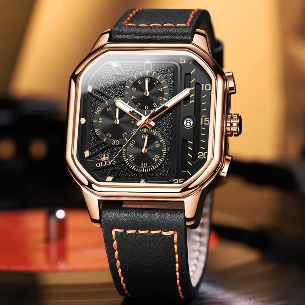 Watches for Men Quartz Chronograph Leather Fashion Dress Watch confirm spatial accord president advice Date Waterproof Luminous Casual Square Business Wrist Watches OLEVS 