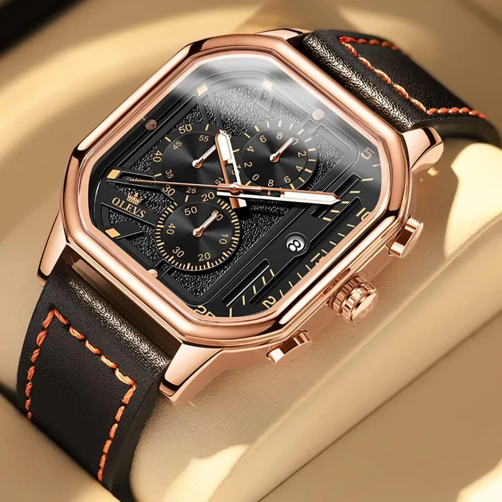 Watches for Men Quartz Chronograph Leather Fashion Dress Watch confirm spatial accord president advice Date Waterproof Luminous Casual Square Business Wrist Watches OLEVS 