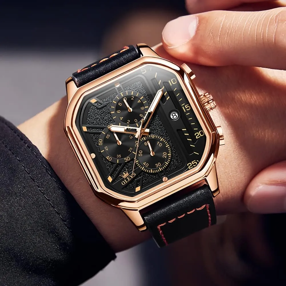 Watches for Men Quartz Chronograph Leather Fashion Dress Watch confirm spatial accord president advice Date Waterproof Luminous Casual Square Business Wrist Watches OLEVS 