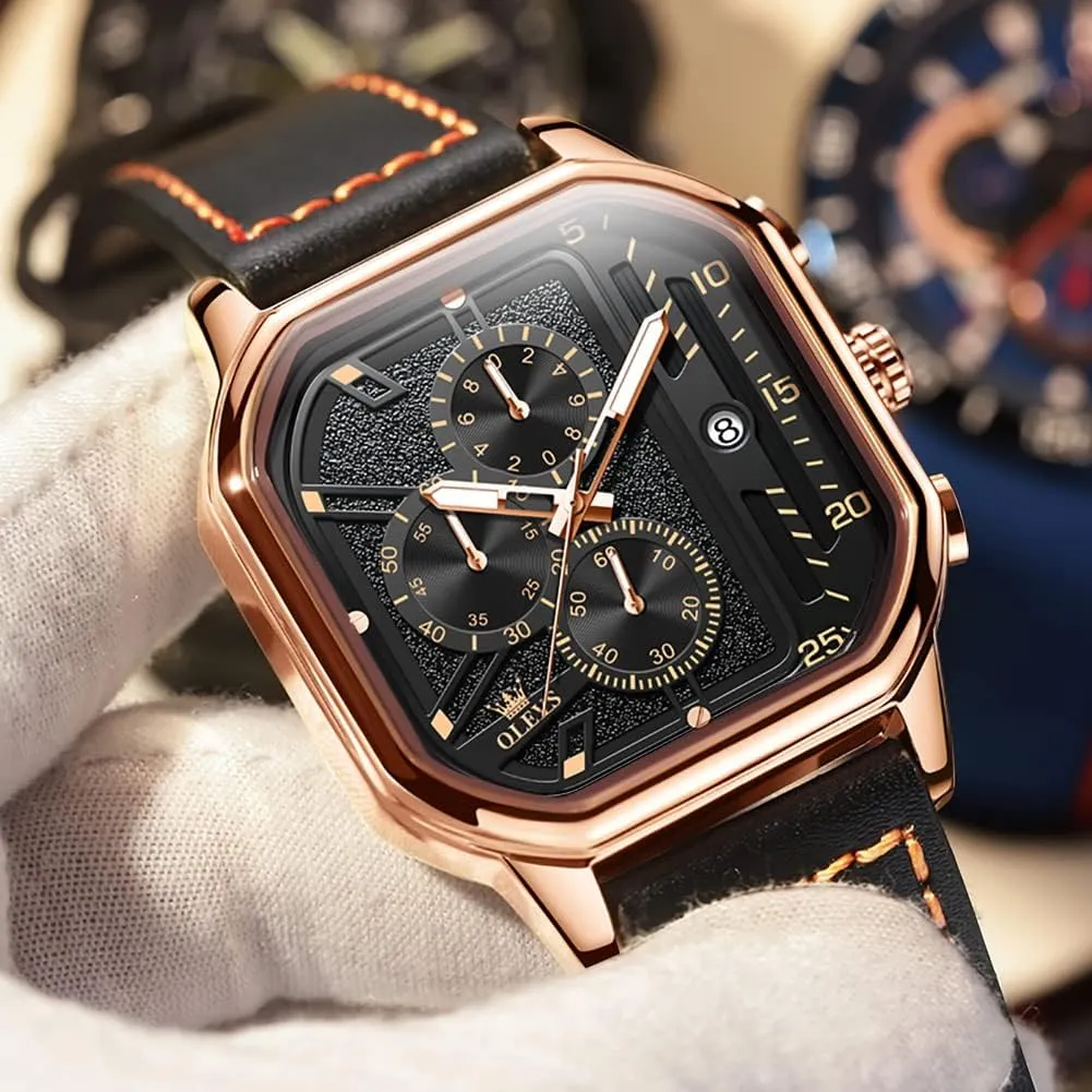 Watches for Men Quartz Chronograph Leather Fashion Dress Watch confirm spatial accord president advice Date Waterproof Luminous Casual Square Business Wrist Watches OLEVS 