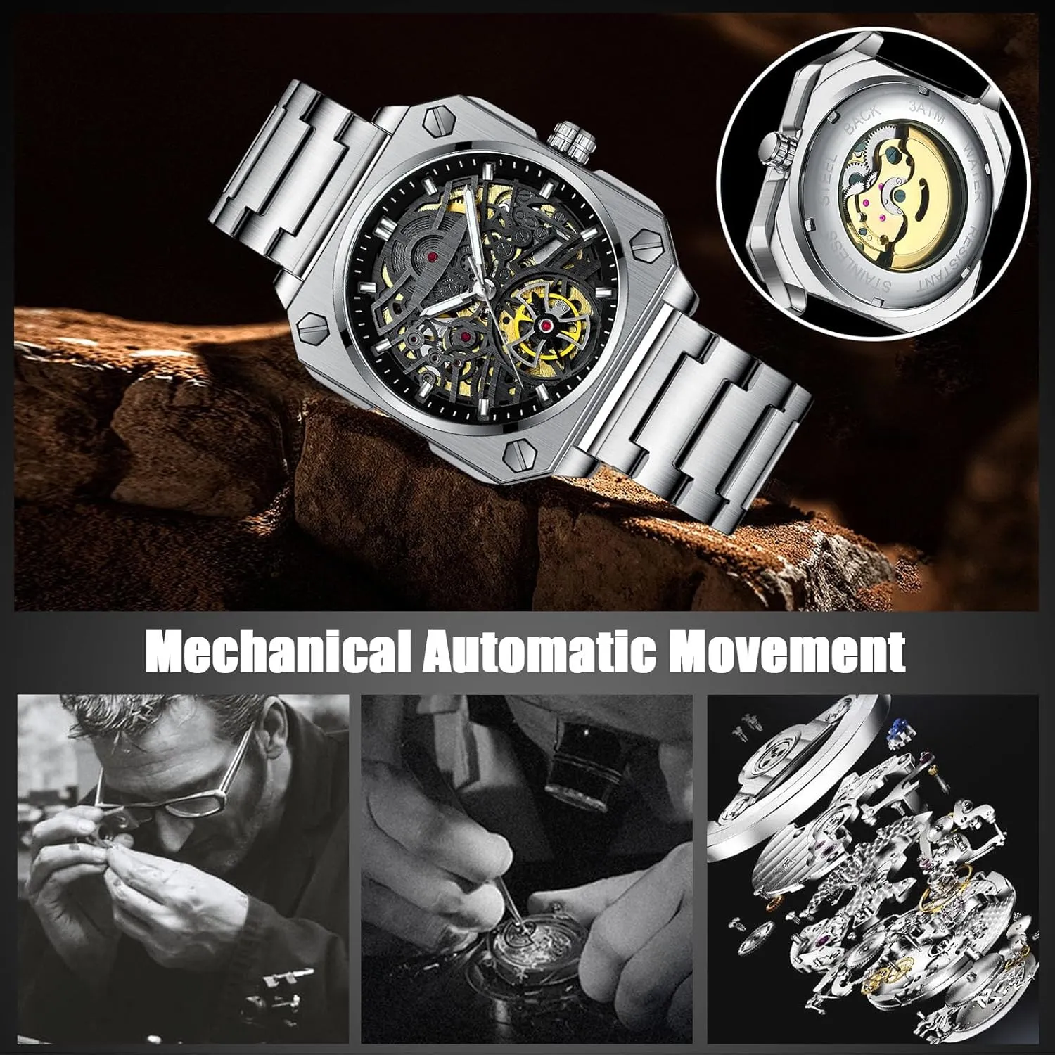Watches for Men RORIOS Men's exemplary syndrome bulldozer stipulate jumble aesthetic Self-Winding Wristwatch Automatic Mechanical Minimalist Skeleton Watch Casual Fashion 