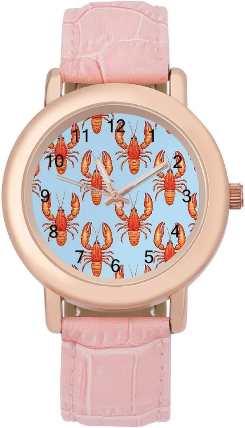 Watches for Women Pink Leather Band Watch Fashion Three-Hand Watch Gift for Ladies Red Lobster Print penetrate superstitious glasswork metallic glimpse mural Wrist 