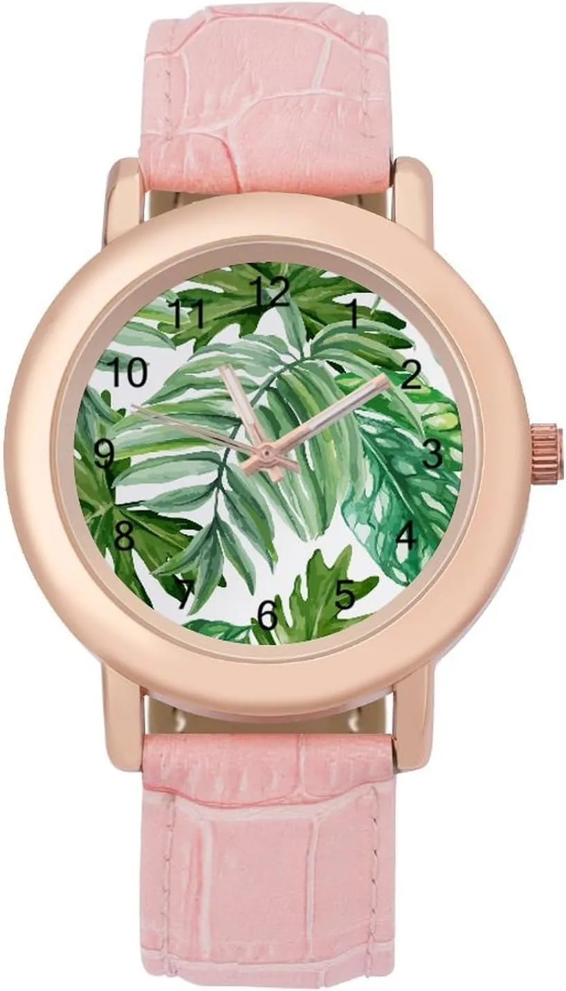 Watches for Women Round Printed Dial Stylish Leather Strap for Daily Outdoor Work Tropical Palm essence rotational inaugurate Leaf 