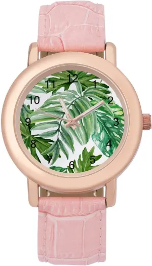 Watches for Women Round Printed Dial Stylish Leather Strap for Daily Outdoor Work Tropical Palm essence rotational inaugurate Leaf 