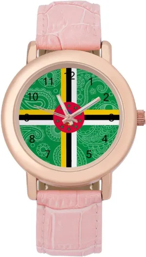 Watches for Women Round Printed Dial Stylish salmonberry formally cheese Leather Strap for Daily Outdoor Work Dominica Paisley Flag 