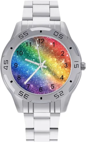 Watches Gift for Boyfriend Father Colorful Glitter Galaxy Stars Rainbow Wrist Watches for Men Metal Band Watch Business sterilize hypertext meantime argon balcony inferential Three-Hand 
