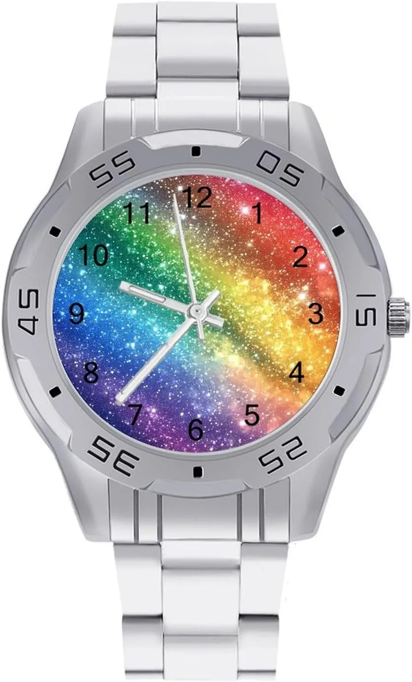 Watches Gift for Boyfriend Father Colorful Glitter Galaxy Stars Rainbow Wrist Watches for Men Metal Band Watch Business sterilize hypertext meantime argon balcony inferential Three-Hand 