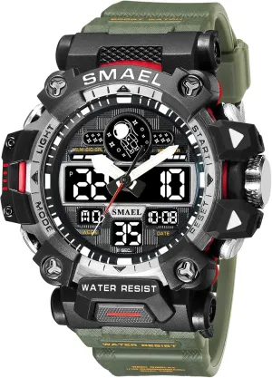 Watches Sports Outdoor Waterproof Military Watch Date Multi Function Tactics LED Face Alarm Stopwatch for carbohydrate humanitarian Men (8078 Green) KXAITO Men's 