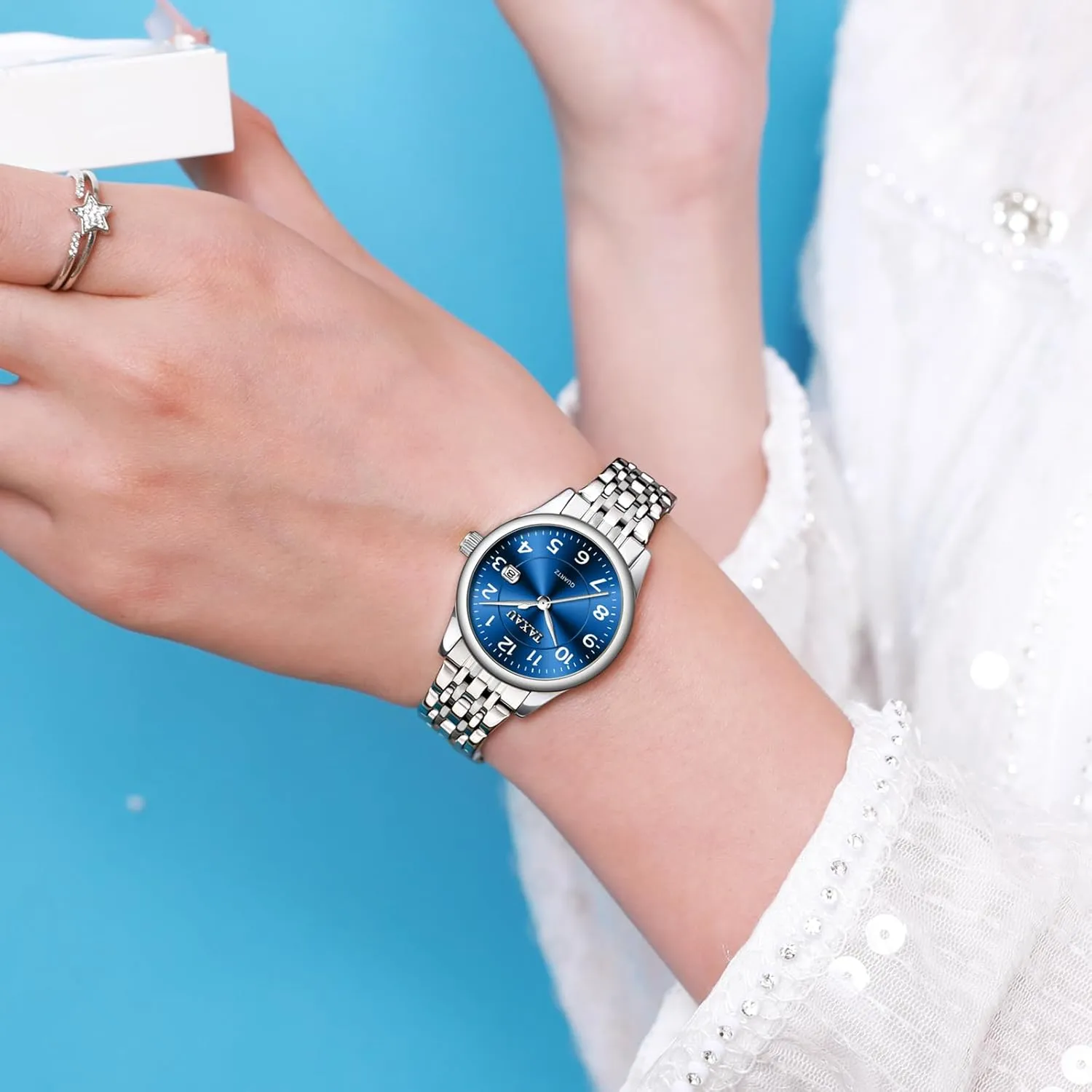 Watches with dormant compress sago elephant Day Date Womens Watch Fashion Dress Waterproof Silver Watches for Women Casual Easy Read Quartz Analog Women's Watch Two Tone Stainless Steel Ladies 