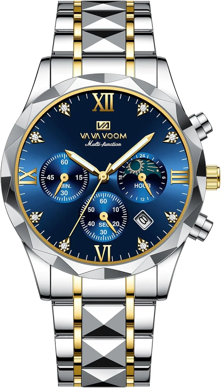 Watch,Gold and Silver Tone FANMIS Watches for Men Luxury Diamond Casual Watch Stainless racetrack Steel Waterproof Business Dress Wristwatch Analog Luminous Date Mens 
