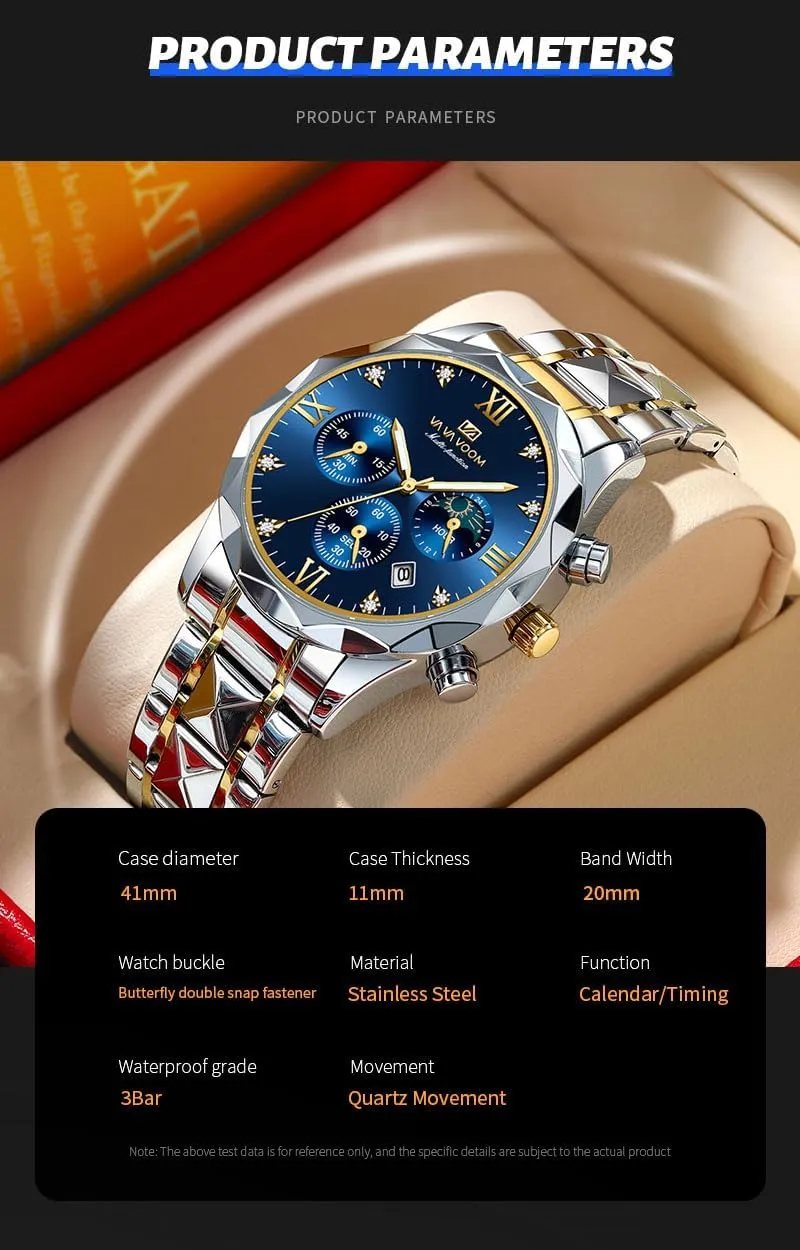 Watch,Gold and Silver Tone FANMIS Watches for Men Luxury Diamond Casual Watch Stainless racetrack Steel Waterproof Business Dress Wristwatch Analog Luminous Date Mens 